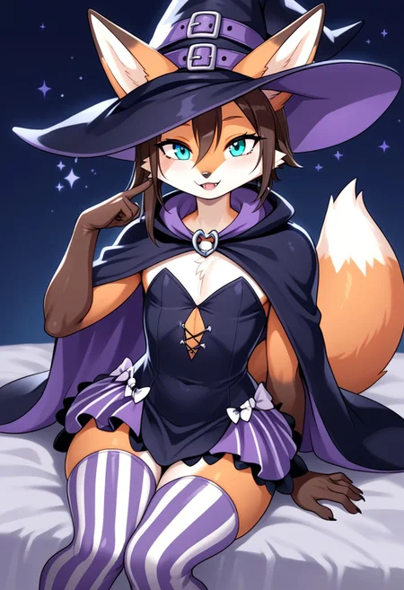 score_9, score_8_up, score_7_up, source_cartoon,
Solo, one cute fox, male, girly body, posing seductively, (witch costume, short witch dress, ora ge striped leggings, anthropomorphic fox:1.4), on a bed, simple background, (dynamic view:1.2), SomSom Style, easynegative, negative_hand, muscle_mommy
