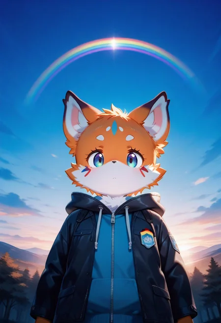 (zuppu11), xi410, alens, kyomu, 1boy, solo, furry, cute, kemono, masterpiece, best quality, very awa, very aesthetic, absurdres, sentensive, looking at viewer, sky, rainbow