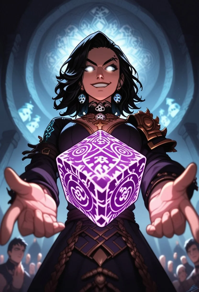 mysterious female gambler, punk mystic vibe, glowing eyes, smirking confidently, throwing glowing dice toward the viewer, enchanted playing cards, extreme foreshortening, dynamic action pose, angle from below, worm's-eye view, cinematic fantasy scene, dice in foreground appearing massive, sleek dark clothing with arcane glowing patterns, waist-up view, hand reaching toward the camera, glowing tattoos, energetic motion, dark magical saloon or ancient temple setting, mystical lighting, high detail, dramatic depth of field, visual intensity, bold composition, dark fantasy style, ultra sharp focus on eyes and dice,