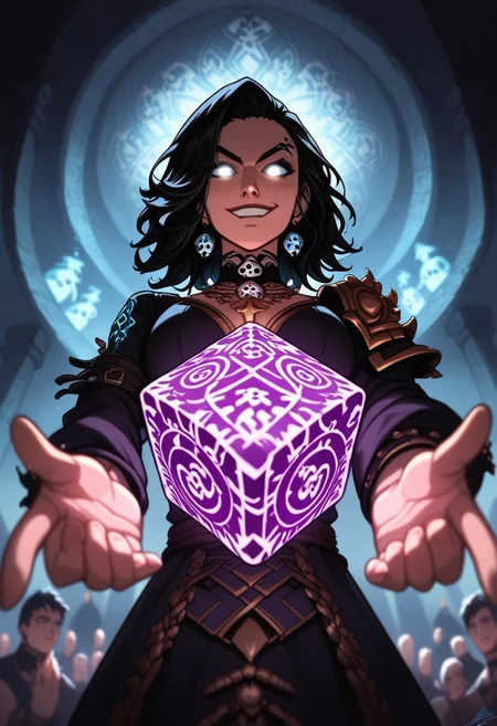 mysterious female gambler, punk mystic vibe, glowing eyes, smirking confidently, throwing glowing dice toward the viewer, enchanted playing cards, extreme foreshortening, dynamic action pose, angle from below, worm's-eye view, cinematic fantasy scene, dice in foreground appearing massive, sleek dark clothing with arcane glowing patterns, waist-up view, hand reaching toward the camera, glowing tattoos, energetic motion, dark magical saloon or ancient temple setting, mystical lighting, high detail, dramatic depth of field, visual intensity, bold composition, dark fantasy style, ultra sharp focus on eyes and dice,