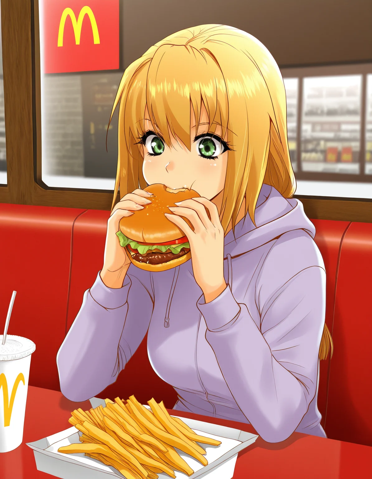 <lora:excel-illustrious-000030:1> excel, casual, hoodie,, 1girl, solo, mcdonald's, eating, hamburger, french fries, restaurant, restaurant booth, upper body, masterpiece,best quality,amazing quality