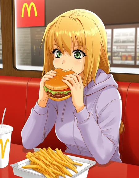 <lora:excel-illustrious-000030:1> excel, casual, hoodie,, 1girl, solo, mcdonald's, eating, hamburger, french fries, restaurant, restaurant booth, upper body, masterpiece,best quality,amazing quality