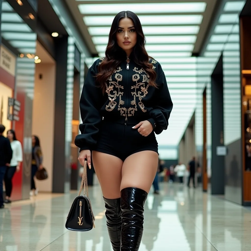 surrealist art analog film photo A fashionable buchona-style woman walking through an upscale shopping mall in Mexico City â sleek designer athleisure, logo-heavy purse, long acrylic nails, and impeccable makeup. Surrounded by polished floors, glass walls, and luxury brand stores. Shot on a Contax T2 35mm camera, sharp contrast, clean color rendering, and cinematic depth â modern elegance with film-era charm. <lora:buchonas v1:0.9> buch0nas . faded film, desaturated, 35mm photo, grainy, vignette, vintage, Kodachrome, Lomography, stained, highly detailed, found footage, RAW candid cinema, 16mm, color graded portra 400 film, remarkable color, ultra realistic, textured skin, remarkable detailed pupils, realistic dull skin noise, visible skin detail, skin fuzz, dry skin, shot with cinematic camera . dreamlike, mysterious, provocative, symbolic, intricate, detailed