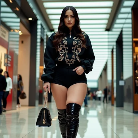 surrealist art analog film photo A fashionable buchona-style woman walking through an upscale shopping mall in Mexico City â sleek designer athleisure, logo-heavy purse, long acrylic nails, and impeccable makeup. Surrounded by polished floors, glass walls, and luxury brand stores. Shot on a Contax T2 35mm camera, sharp contrast, clean color rendering, and cinematic depth â modern elegance with film-era charm. <lora:buchonas v1:0.9> buch0nas . faded film, desaturated, 35mm photo, grainy, vignette, vintage, Kodachrome, Lomography, stained, highly detailed, found footage, RAW candid cinema, 16mm, color graded portra 400 film, remarkable color, ultra realistic, textured skin, remarkable detailed pupils, realistic dull skin noise, visible skin detail, skin fuzz, dry skin, shot with cinematic camera . dreamlike, mysterious, provocative, symbolic, intricate, detailed