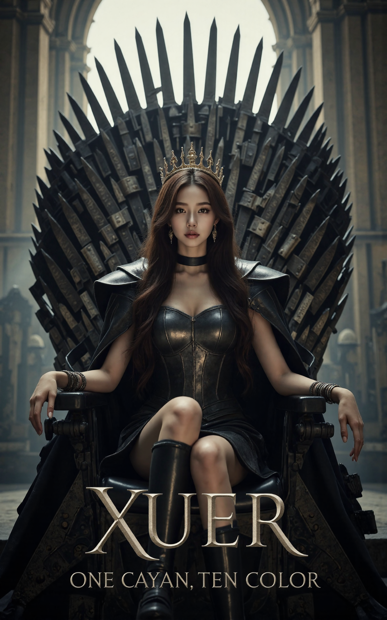 close up cinematic photo, a text title movie poster "XUER One cyan ten color", a extremely beautiful girl, wearing medieval armor, crown, sitting on a iron throne, light fog, highly detailed, parody movie poster, a digital movie poster illustration, game of thrones，

XUER INS style,1girl,solo,looking at viewer,extremely beautiful skin,natural skin texture,big breasts,earrings,
The woman has long, wavy, dark brown hair cascading down her back. Her skin tone is light, and she appears to be of Caucasian ethnicity.
She accessorizes with a black choker necklace and multiple bracelets on her wrists. with a focus on fashion and style.

highly detailed,ultra-high resolution,32K UHD,sharp focus,best-quality,masterpiece,unconventional supreme masterpiece,masterful details,depth of field,blurry background,blurry foreground,motion blur,going really fast masterpiece,deep focus,
color  graded cinematic,atmospheric  lighting,award  film grain,A shot with tension,(Visual impact,giving the poster a dynamic and visually striking appearance:1.2),impactful picture,
ultra-realistic,high dynamic range,photoreal,epic realistic,dark shot,shadows,(This is a real high-definition photo:1.1),with professional photography and high resolution，
contrast,layered colors,vivid colors,contrast,offcial art,movie perspective,very aesthetic,disheveled hair,perfect composition,intricate details,moody,epic,photorealistic,
intricate details,soothing tones,high contrast,natural skin texture,soft light,sharp,masterpiece,best quality,(ray tracing),sunlight,insanely interplay between lights and shadows,

