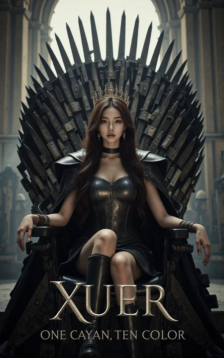 close up cinematic photo, a text title movie poster "XUER One cyan ten color", a extremely beautiful girl, wearing medieval armor, crown, sitting on a iron throne, light fog, highly detailed, parody movie poster, a digital movie poster illustration, game of thrones，

XUER INS style,1girl,solo,looking at viewer,extremely beautiful skin,natural skin texture,big breasts,earrings,
The woman has long, wavy, dark brown hair cascading down her back. Her skin tone is light, and she appears to be of Caucasian ethnicity.
She accessorizes with a black choker necklace and multiple bracelets on her wrists. with a focus on fashion and style.

highly detailed,ultra-high resolution,32K UHD,sharp focus,best-quality,masterpiece,unconventional supreme masterpiece,masterful details,depth of field,blurry background,blurry foreground,motion blur,going really fast masterpiece,deep focus,
color  graded cinematic,atmospheric  lighting,award  film grain,A shot with tension,(Visual impact,giving the poster a dynamic and visually striking appearance:1.2),impactful picture,
ultra-realistic,high dynamic range,photoreal,epic realistic,dark shot,shadows,(This is a real high-definition photo:1.1),with professional photography and high resolution，
contrast,layered colors,vivid colors,contrast,offcial art,movie perspective,very aesthetic,disheveled hair,perfect composition,intricate details,moody,epic,photorealistic,
intricate details,soothing tones,high contrast,natural skin texture,soft light,sharp,masterpiece,best quality,(ray tracing),sunlight,insanely interplay between lights and shadows,

