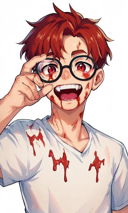 score_9, score_8_up, score_7_up, score_6_up, score_5_up, score_4_up, mrbooshmaster style, male school uniform, glasses, solo, red eyes, open mouth, looking at viewer, blood, teeth, 1boy, male focus, shirt, white background, score_9, score_8_up, score_7_up, score_6_up, score_5_up, score_4_up, mrbooshmaster style, male school uniform, glasses, solo, red eyes, open mouth, looking at viewer, blood, teeth, 1boy, male focus, shirt, white background, beautiful