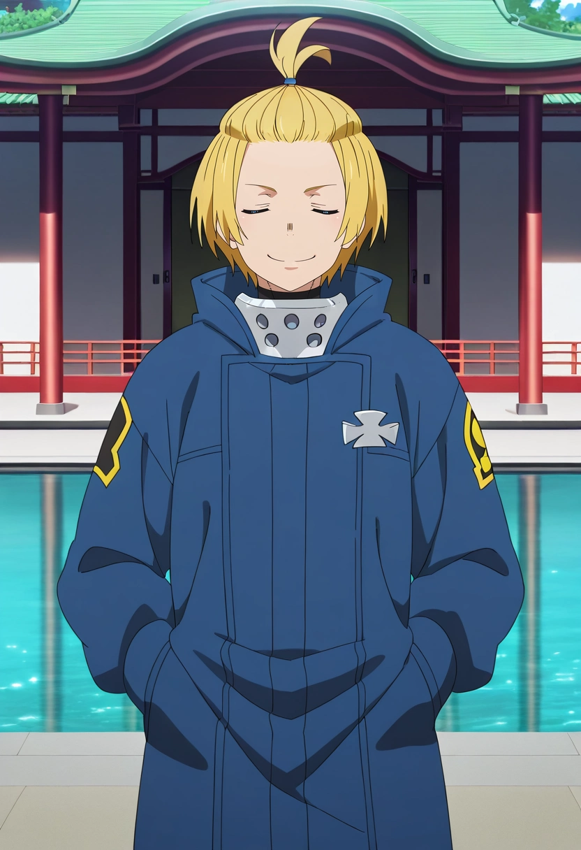 masterpiece, best quality, , anime screencap, anime coloring, , looking at viewer, 1boy, solo, male focus, <lora:arthur_boyle_ilxl:0.96>, arthur_boyle, blonde hair, blue eyes, short hair, bangs pinned back, topknot, , , symmetry, pond, arch, japanese architecture, day, sunny, singing, (closed eyes:1.2), smile, superhero costume