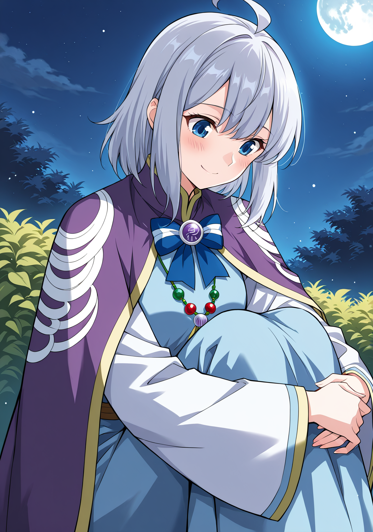 <lora:Dan_Chen__Battle_Through_the_Heavens__Illustrious:1>
1girl, solo, silver hair, short hair, ahoge, anime style, bangs, soft expression, blue eyes, 
long robe, traditional clothes, fantasy outfit, purple cloak, wide sleeves, long sleeves, sleeves past fingers, blue inner dress, gradient design, moon pattern, decorative embroidery, formal uniform, layered clothing, blue bowtie, ribbon brooch, gemstone brooch, bead necklace, moon-themed outfit, detailed trim, 
score_9, score_8_up, score_7_up, very aesthetic, source_anime, detailed, high quality, beautiful, detailed eyes, masterpiece, best quality, absurdres, perfect anatomy, 1girl, solo, hugging your own legs, sitting, garden background, charming smile, night, cute expression, embarrassed