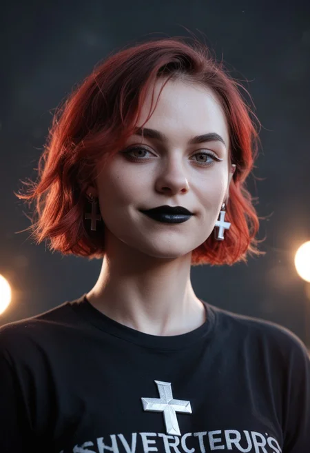 score_9, score_8_up, score_7_up, score_6_up, solo RAW photo, photorealistic, volumetric lighting, natural, close up shot, bokeh, (Masterpiece, Best Quality, Highres:1.2), best quality, absurdres, Cinematic Lighting,
BREAK
<('1girl': ('Pretty Face'+'Manic Pixie'+'23 years old'+'goth'+'carefree'+'looking at viewer'+'red hair'+'short hair'+'smirk'+'black torn T-shirt'+'black lipstick'+'silver inverted cross earrings'+'spiked chocker'))>,