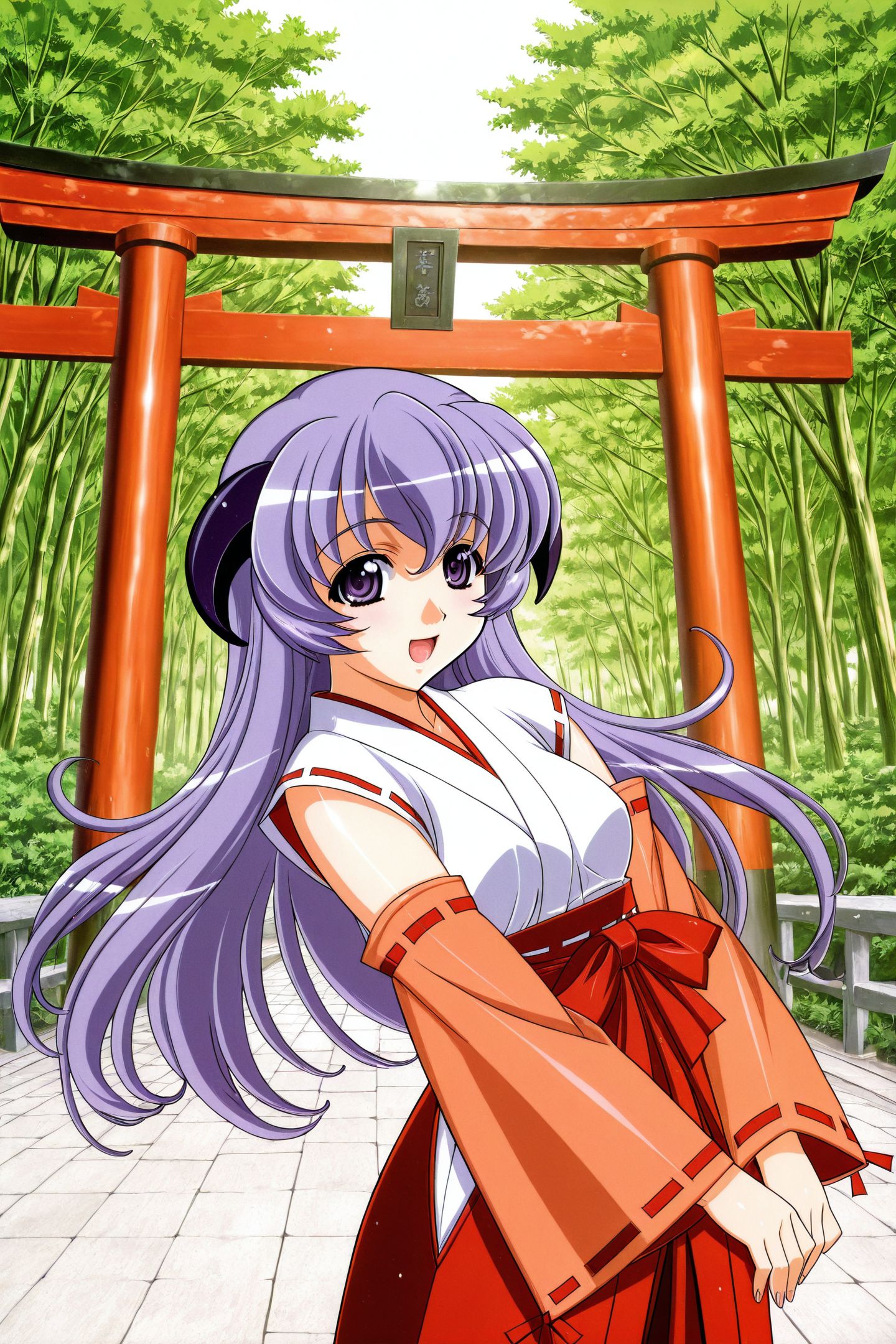 Kuroda Kazuya Style,1girl,hanyuu,solo,horns,japanese clothes,hakama,skirt,long hair,hakama skirt,red hakama,purple eyes,purple hair,miko,detached sleeves,standing,outdoors,smile,open mouth,torii,looking at viewer,upper body,
<lora:Kuroda Kazuya_illustriousXL:0.8>,