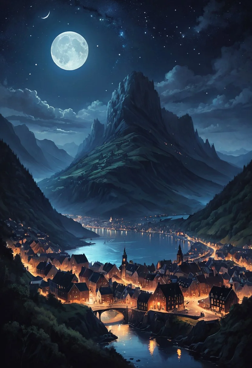 Picturesque mountains, at night, stary night, amsterdam style town, ocean bay, bay, river going through town, village, in valley, fantasy art, illustration,