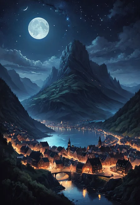 Picturesque mountains, at night, stary night, amsterdam style town, ocean bay, bay, river going through town, village, in valley, fantasy art, illustration,