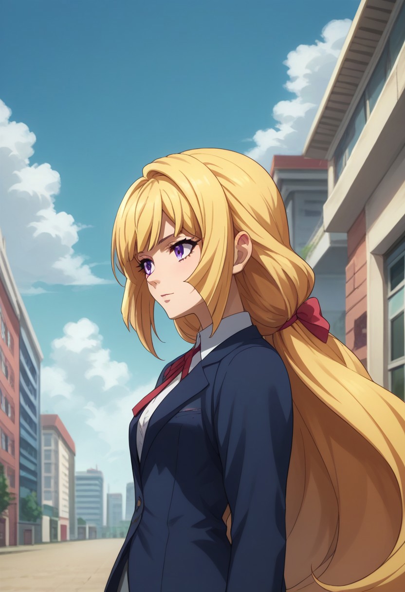 score_9, score_8_up, score_7_up, source_anime, highly detailed, 
kudelia, 
1girl, solo, long hair, blonde hair, purple eyes, very long hair, upper body, skirt, grey skirt, jacket, blue jacket,
outdoor, sky, clouds, building,