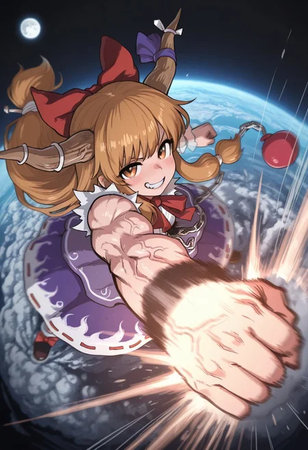 best quality, hires, from above, fisheye,
1girl, ibuki suika,
vein, looking at viewer,
planetary destruction, moon,
muscular, clenched teeth, smile,
punching, uppercut,
motion blur, motion lines,
dynamic pose,