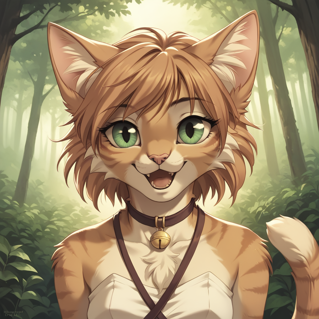 score_9, score_8_up, score_7_up, game_cg, 1girl, furry female, cat female, forest, happy, cat tail, cat ears, solo,<lora:Yukarigawa_Yumiya_2Crescendo_style:0.9>