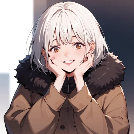 score_9, score_8_up, score_7_up, best quality, masterpiece, source_anime, zPDXL3, BREAK,, 1girl, toffamy, white hair,   solo, <lora:Taste_of_Forbbiden_Fruit_girls:0.9>,, close-up, Standing with hands on cheeks, surprised expression, smile, happy, Quilted puffer coat with a detachable faux fur hood in a trendy pastel shade,