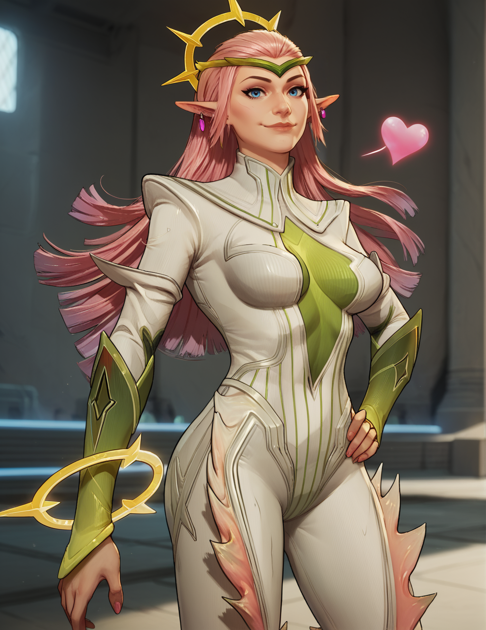 score_9, score_8_up, score_7_up, score_6_up, 1girl, <lora:Dagg3rGrowth:0.8> Dagg3rGrowth, 2d, masterpiece, detailed, bodysuit, pink hair, long hair, circlet, pink thigh fins, bracelets, green high heels, boots, bracelets, breasts, pointy ears, (two purple earrings), blue eyes, nose, depth of field, blurry background, flowing hair, epic composition, volumetric fog, angle, dynamic shot, head tilt, looking at viewer, cowboy shot, smile, hand on hip, blowing kiss,