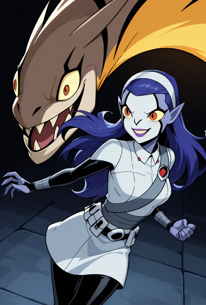 <lora:rookshar-10:1> rookshar, blue hair, colored skin, yellow sclera, long hair, 1girl, purple lips, white hairband, pointy ears, white suit, black sleeves, black pants, white skirt, short skirt, utility belt, smile, sharp canines, teeth, dynamic pose,, masterpiece, best quality, amazing quality, very aesthetic, absurdres, newest,