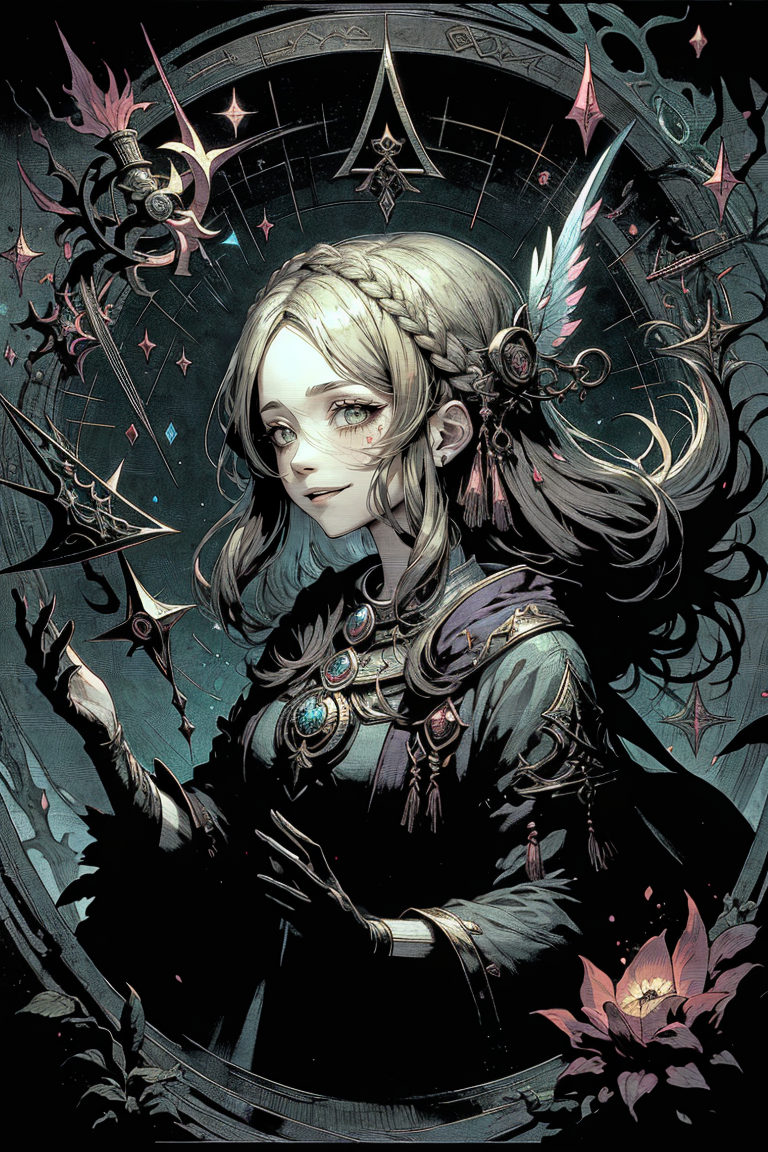 best quality, masterpiece, 1 girl, adult woman, green eyes, dark blonde half-up half-down hairstyle, ombre, solo, 15%from side, side view, upper body, looking up, detailed background, detailed face, (<lora:CulturePunkBundle:0.5>, fairytaleai, fairytale theme:1.1), (glowing eyes:1.05), large wide eyes, summoner, heretic, necromancer robes, channeling, movement, evil smile, surrounded by evil glowing magical runes, floating particles, red swirling mystical energy, calling forth ancient power, occult shop background, updraft, dark clouds, ethereal atmosphere,