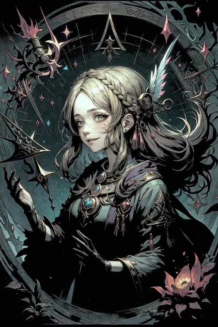 best quality, masterpiece, 1 girl, adult woman, green eyes, dark blonde half-up half-down hairstyle, ombre, solo, 15%from side, side view, upper body, looking up, detailed background, detailed face, (<lora:CulturePunkBundle:0.5>, fairytaleai, fairytale theme:1.1), (glowing eyes:1.05), large wide eyes, summoner, heretic, necromancer robes, channeling, movement, evil smile, surrounded by evil glowing magical runes, floating particles, red swirling mystical energy, calling forth ancient power, occult shop background, updraft, dark clouds, ethereal atmosphere,