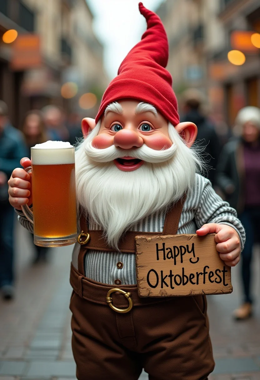 A dwarf dressed in Oktoberfest style, holding tankard full of beer, a sign says "Happy Oktoberfest"