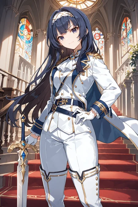 score_max, (score_9, score_8_up, score_7_up:1.2), score_6_up, official art,
masterpiece, absurdres, high detail, 8k,
stairs, red carpet, stained glass, 
standing, planted sword, light smile, head tilt, serious, looking at viewer, 
curren, long hair, formal, white hairband, white jacket, long sleeves, ascot, white shirt, epaulettes, gold trim, white gloves, white pants, belt, thigh boots, white footwear,
<lora:XL_Pony_gomaotsu-curren-t1:0.9>