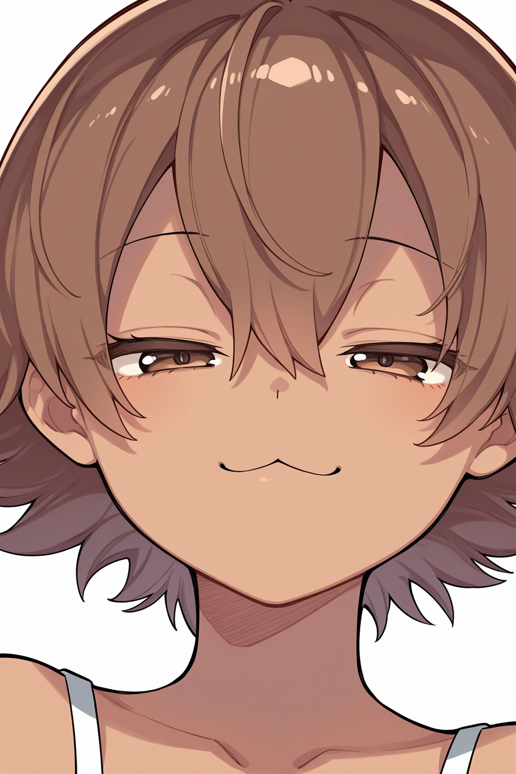{{masterpiece,best quality,amazing quality}},
BREAK
1girl, solo, portrait, upper body, looking at viewer, simple background, tan skin, brown hair, short hair, :3, smug, narrowed eyes, hair between eyes, brown eyes
 <lora:Kishida_Koara_Style:1>