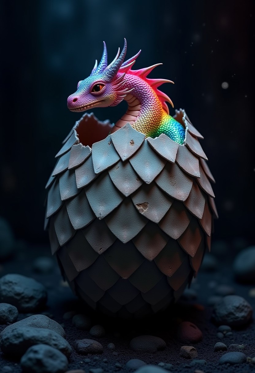 create a 16k resolution, highly detailed and realistic scaley dragon egg, the top of it is cracked open and jagged, with a rainbow dragon peeking out of the top of the egg, it gives off a rainbow glow all around the top of the egg, the rest of the image is dark and dimly lit as if it were in a cave