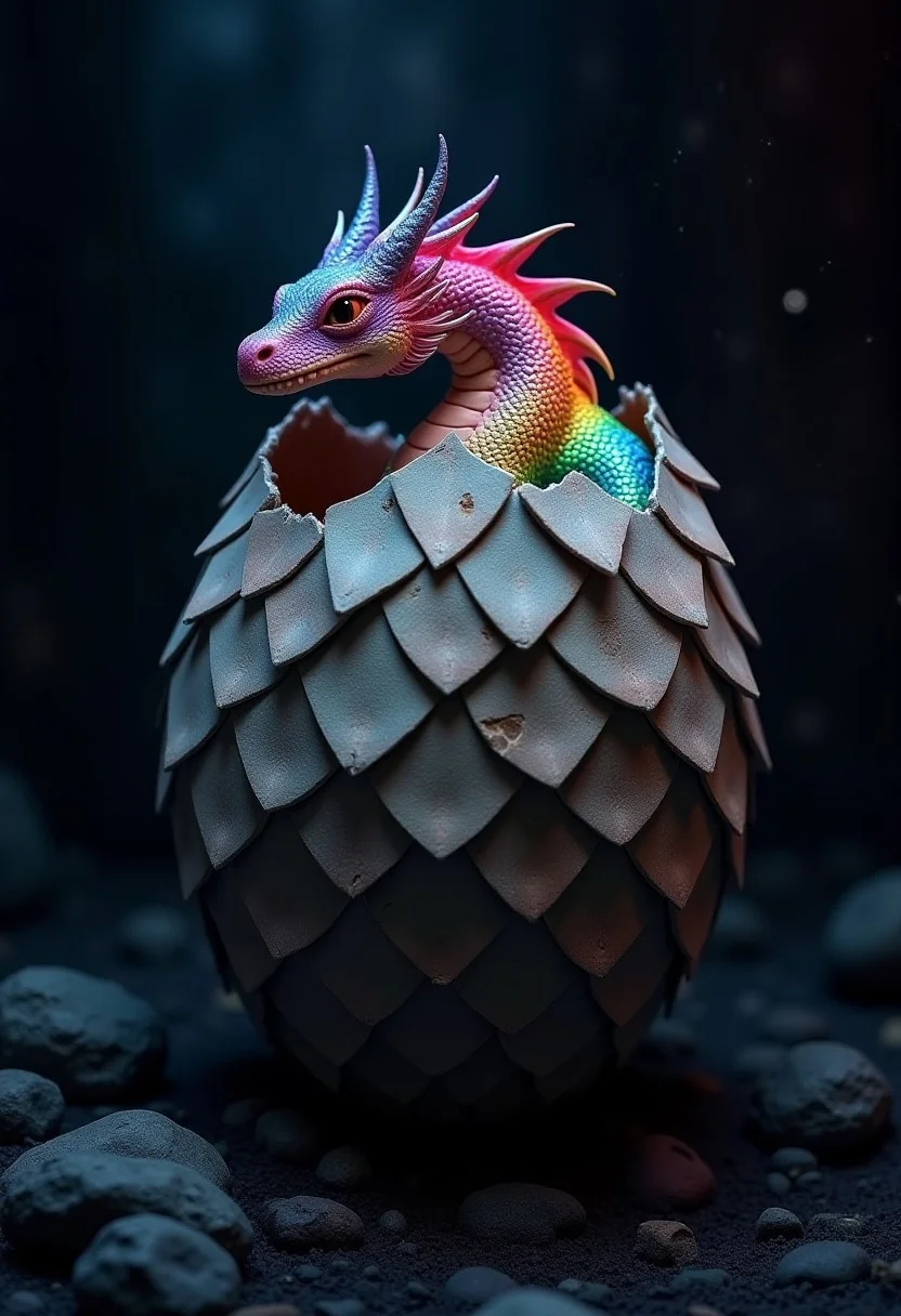 create a 16k resolution, highly detailed and realistic scaley dragon egg, the top of it is cracked open and jagged, with a rainbow dragon peeking out of the top of the egg, it gives off a rainbow glow all around the top of the egg, the rest of the image is dark and dimly lit as if it were in a cave
