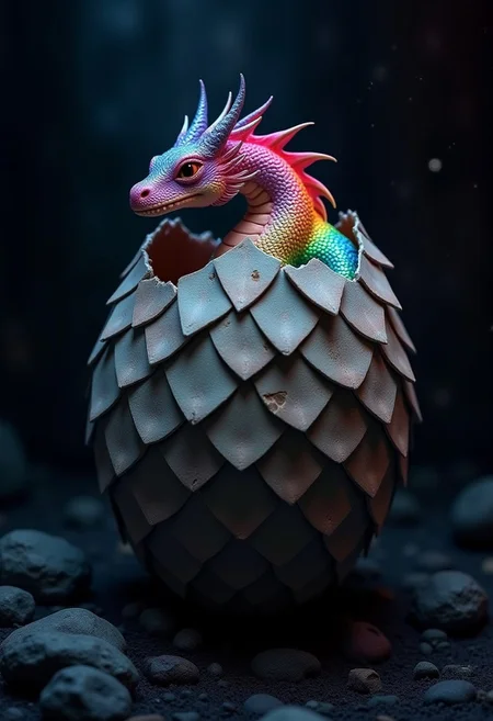 create a 16k resolution, highly detailed and realistic scaley dragon egg, the top of it is cracked open and jagged, with a rainbow dragon peeking out of the top of the egg, it gives off a rainbow glow all around the top of the egg, the rest of the image is dark and dimly lit as if it were in a cave