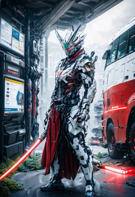 front view, BUS STATION, WAITING, WHITE CYBORG WARRIOR, score_9, score_8_up, score_7_up, score_6_up, score_5_up, score_4_up, UHD, 8K, masterpiece, detailed, ultra_high_resolution, lots of detail, Ultra detailed photo realistic background, lots of detail, RED ILLUMINATED SWORD, cyberpunk, mad-hdwr, cyberpunk.