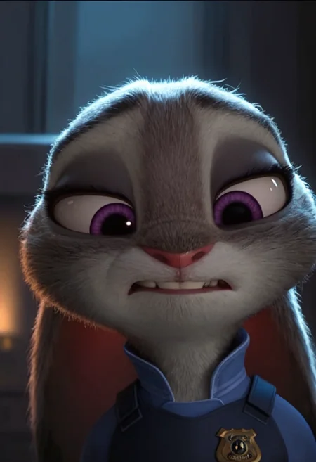 <lora:judyhopps-v3-Yiffy:0.8> judyhopps, front view, portrait, solo, interior, dark lighting, backlighting, rim light, sneer, BREAK best quality, high quality, masterpiece