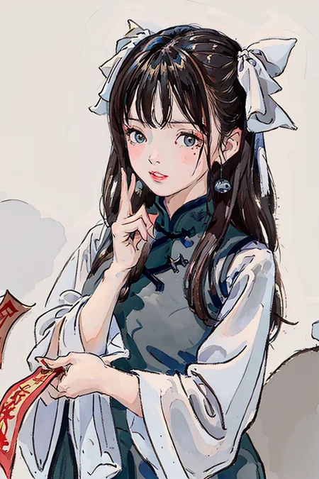 masterpiece, best quality, 1girl, brown hair, grey eyes, mole under eye, yaozhi\(fkey\), yaozhi\(china_cloth\), ofuda, <lora:yaozhi_anm_v15:0.77>