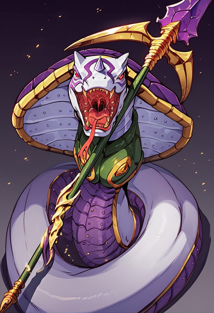 (score_9, score_8_up, score_7_up, score_6_up, score_5_up, score_4_up), dark lighting, (high quality), (high resolution), 4k, Sandiramon, monster, cobra, white skin, red eyes, three horns, purple shell, purple marks purple armor, gold trim, green chestplate, lance on tail