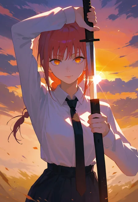 score_9, score_8_up, score_7_up, 1girl, arm up unsheathing sword, makima \(chainsaw man\), sunset, backlighting, necktie
<lora:unsheathing_pose_vertical_3_final:1>