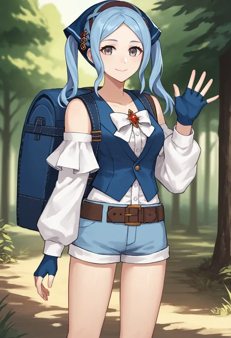score_9, score_8_up, score_7_up, source_anime BREAK 1girl, solo, <lora:flora-fe-richy-v1_pdxl:0.8> flrpcnc, grey eyes, blue hair, long hair, twintails, bandana, breasts, white bow, blue vest, detached sleeves, long sleeves, white sleeves, bare shoulders, fingerless gloves, blue gloves, belt, blue shorts, thighs, standing, backpack, smile, outdoors, fantasy, forest, looking at viewer, long legs, waving