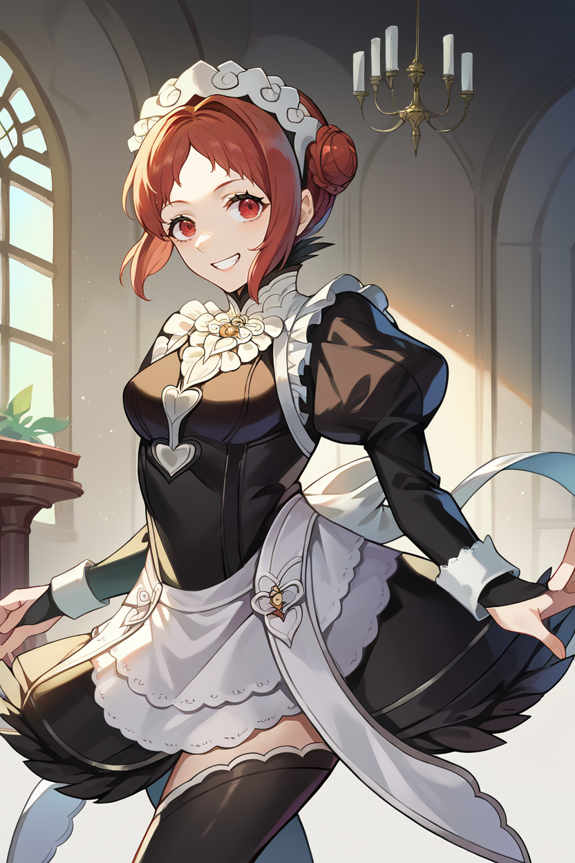 score_9, score_8_up, score_7_up, score_6_up, source_anime BREAK 1girl, <lora:femonica-pdxl-nvwls-v1-000005:1> defMonica, red hair, red eyes, hair bun, braid <lora:fatesmaid-fe-richy-v1_pdxl:1> fates maid, maid headdress, maid apron, bridal gauntlets, black thighhighs, grin, mansion, chandelier, looking at you
