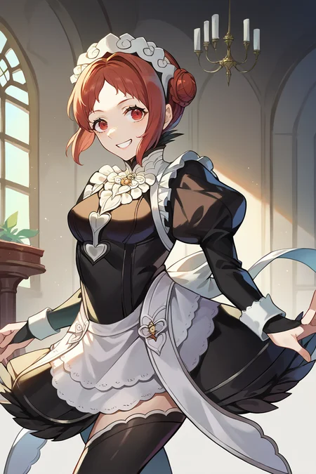 score_9, score_8_up, score_7_up, score_6_up, source_anime BREAK 1girl, <lora:femonica-pdxl-nvwls-v1-000005:1> defMonica, red hair, red eyes, hair bun, braid <lora:fatesmaid-fe-richy-v1_pdxl:1> fates maid, maid headdress, maid apron, bridal gauntlets, black thighhighs, grin, mansion, chandelier, looking at you