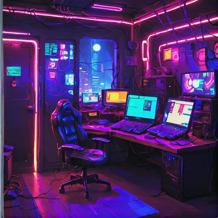 score_9, score_8_up, score_7_up,score_6_up, score_5_up, score_4_up, BREAK <lora:gits95environment:0.8>,
gits95, , computer, no humans, monitor, scenery, cable, chair, keyboard (computer), laptop,night,neon,cyberpunk,retro theme