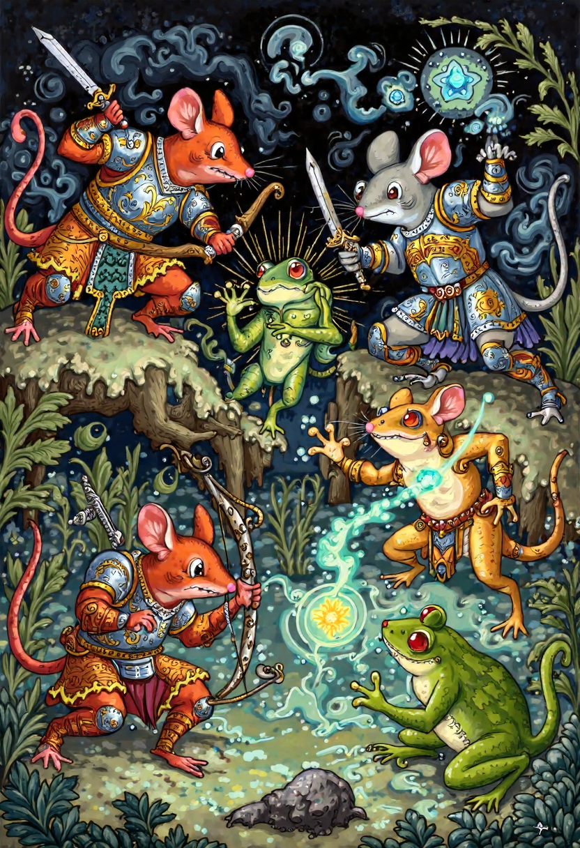 Clip L palech_styleIllustrate a fantastical battle scene between mice and frogs. The mice should be robust, armored fighters wielding bows and swords, while the frogs should be smaller and less well-armed, relying on magic and trickery to defeat their larger opponents. The setting could be a swampy battlefield under a murky sky, with vines and branches littering the ground. Show detailed animations of the mice's intricate armor designs and the frogs' magical spells, like flickering lights and floating objects. Use a muted color palette for the frogs and a brighter, more vibrant one for the mice to create contrast and excitement. The overall effect should be a whimsical yet tense clash of species, showcasing the ingenuity of both sides in the face of adversity. Illustration in the palech styleT5XXLpalech_styleIllustrate a fantastical battle scene between mice and frogs. The mice should be robust, armored fighters wielding bows and swords, while the frogs should be smaller and less well-armed, relying on magic and trickery to defeat their larger opponents. The setting could be a swampy battlefield under a murky sky, with vines and branches littering the ground. Show detailed animations of the mice's intricate armor designs and the frogs' magical spells, like flickering lights and floating objects. Use a muted color palette for the frogs and a brighter, more vibrant one for the mice to create contrast and excitement. The overall effect should be a whimsical yet tense clash of species, showcasing the ingenuity of both sides in the face of adversity. Illustration in the palech style