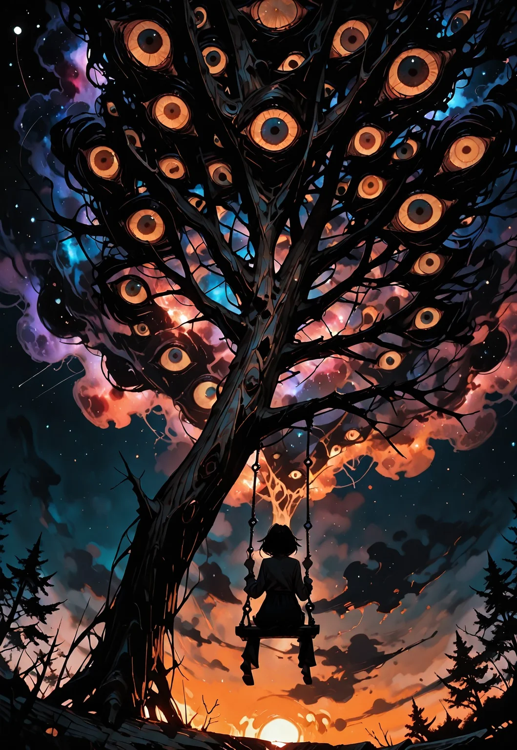 3Y3S_illu,masterpiece, best quality, absurdres,toon \(style\),wide view,
1 female, sitting on a swing,swing hanging from huge oak tree,oak at cliff edge,
from behind,from below,low angle,looking ahead,
background night sky, nebula rift in the sky, too many extra eyes are watching through the rift.