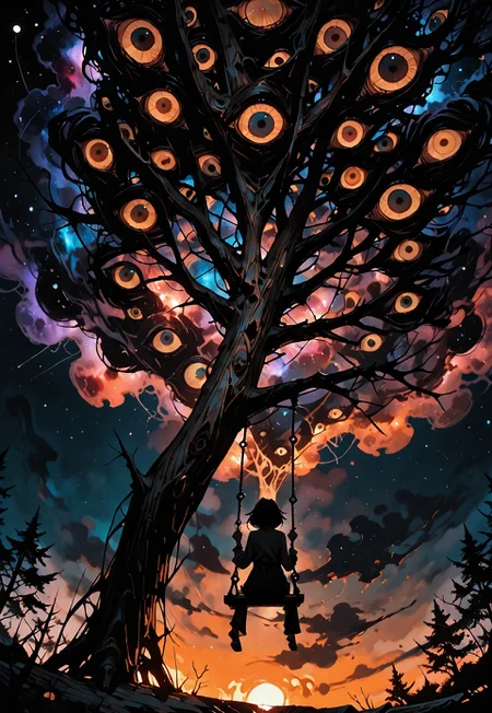 3Y3S_illu,masterpiece, best quality, absurdres,toon \(style\),wide view,

1 female, sitting on a swing,swing hanging from huge oak tree,oak at cliff edge,

from behind,from below,low angle,looking ahead,

background night sky, nebula rift in the sky, too many extra eyes are watching through the rift.