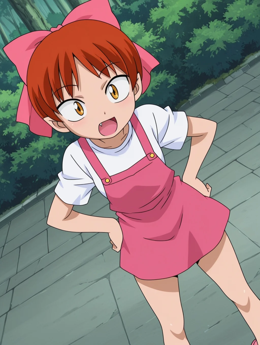 masterpiece, best quality, amazing quality, detailed background, perfect eyes, anime coloring, anime screenshot, 2000s \(style\), 1girl, solo, nekomusume (gegege no kitaro 5), red hair, short hair, choppy bangs, pink hair bow, yellow eyes, small breasts, white t-shirt, short sleeves, pink overall skirt, pink footwear, hands on hips, fang, dutch angle, cowboy shot, (outdoors),