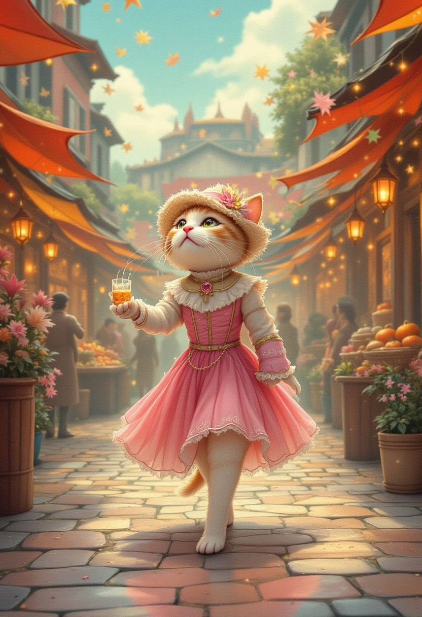 pinkfluxproultrafantasia, a book illustration featuring a cute cat wearing a fancy dress and a poke bonnet making a stroll through the market place decorated for a festivity