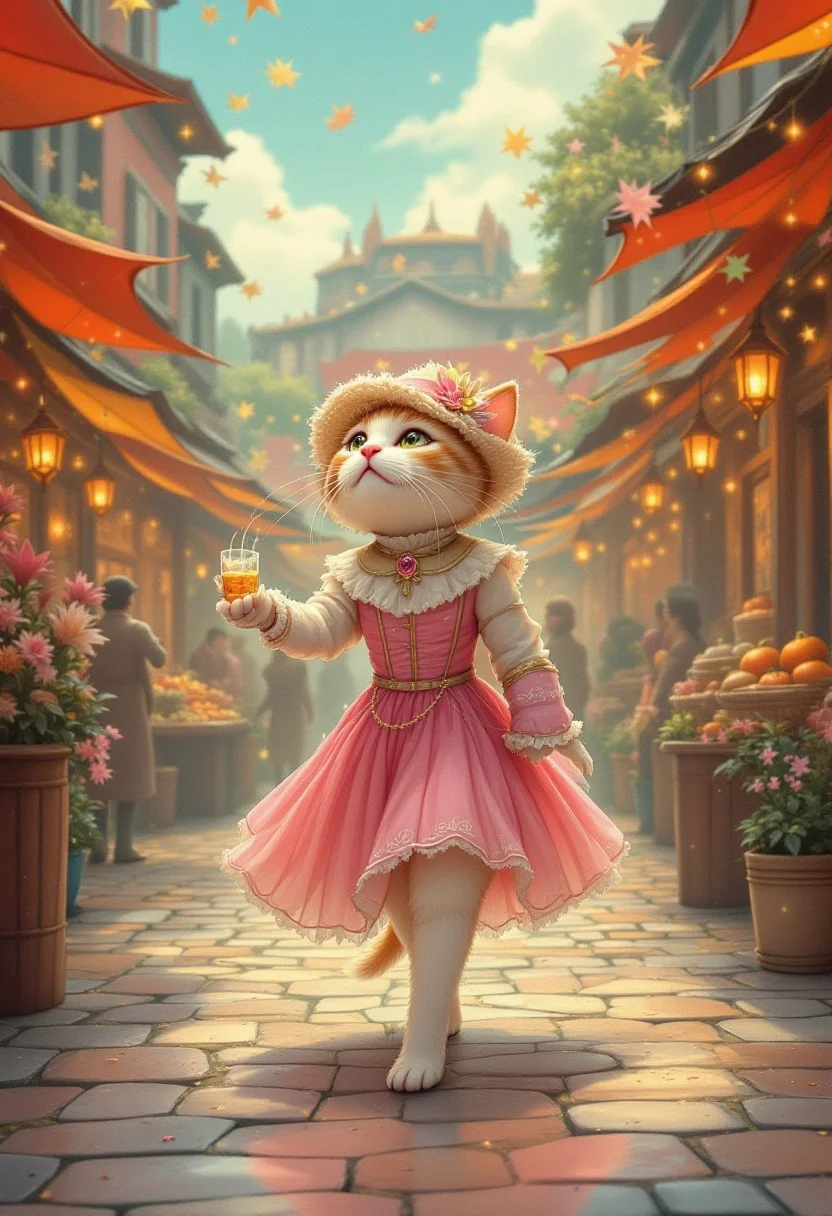 pinkfluxproultrafantasia, a book illustration featuring a cute cat wearing a fancy dress and a poke bonnet making a stroll through the market place decorated for a festivity
