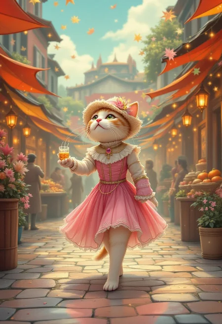 pinkfluxproultrafantasia, a book illustration featuring a cute cat wearing a fancy dress and a poke bonnet making a stroll through the market place decorated for a festivity