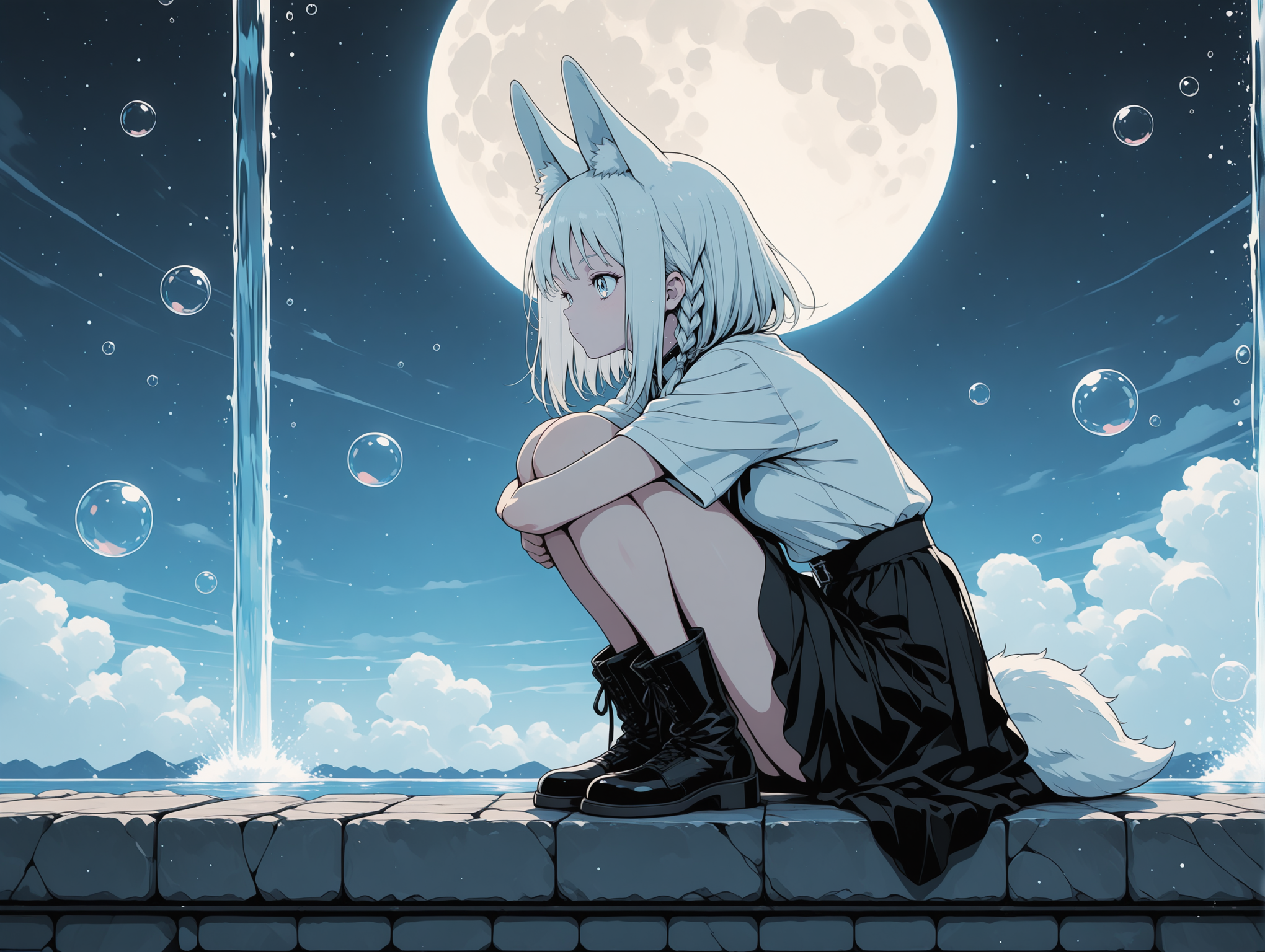 masterpiece,best quality,amazing quality, solo, character focus, outlines, flat color, Vintage, 1990s \(style\), 
harsh shadows,   light particles,    soft colors, monochrome, spot color,    
1girl, waterfall braid,        small breasts, boots,  medium hair, animal ears, fur ears,  lustrous hair,      solo, 
hugging knees, from side, 
 skirt, shirt,
sfw,  
exterior, stone bridge, floating bubbles, full moon sky, 
 <lora:add-detail-xl:2> <lora:Detailer_NoobAI_Incrs_v1:1> <lora:feet_anime_il_v3:1> <lora:hand 5.5:1> <lora:anime_screencap-Illustrious:0.4> <lora:S4bit4mago:1> S4bit4mago_illu, <lora:OldAnimeStyle_XL_v3:0.2> <lora:re4lity:0.3> re4lity_sync_illu  <lora:MJPA:0.2> MJPA <lora:NijijourneyNoob_byKonan:0.6> <lora:Clean_Chibi_Style:-0.8>