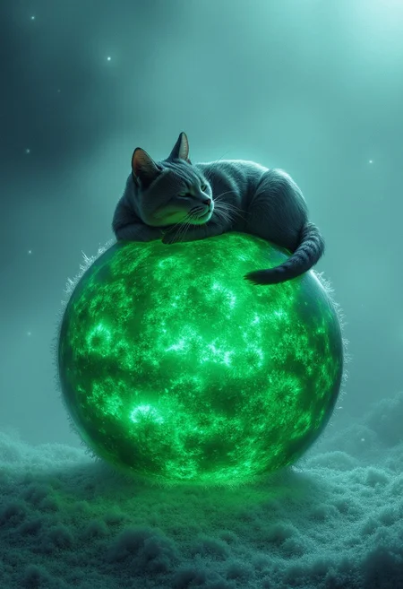 Hyperdetailed cat with sleek fur, cat curled up peacefully atop a miniature glowing green sun, its fiery surface alive with swirling solar flares. The sun emits an eerie light that cuts through a dense, foggy beach, where delicate snow crystals fall gently from the sky, creating a magical atmosphere. The ground is blanketed in a soft layer of fresh snow, sparkling like diamonds under the glow of the sun. Frost clings to the grains of sand, contrasting with the warmth radiating from the sun's surface. The cat’s fur glistens as it rests undisturbed, embodying tranquility amid the contrasting elements. The fog rolls in thickly, softening the outlines of the surrounding landscape, while intricate details of the swirling snowflakes and mist enhance the dreamlike quality of the scene. Cinematic lighting highlights the cat and the glowing sun, casting ethereal shadows on the snowy terrain, creating a surreal, enchanting winter wonderland.