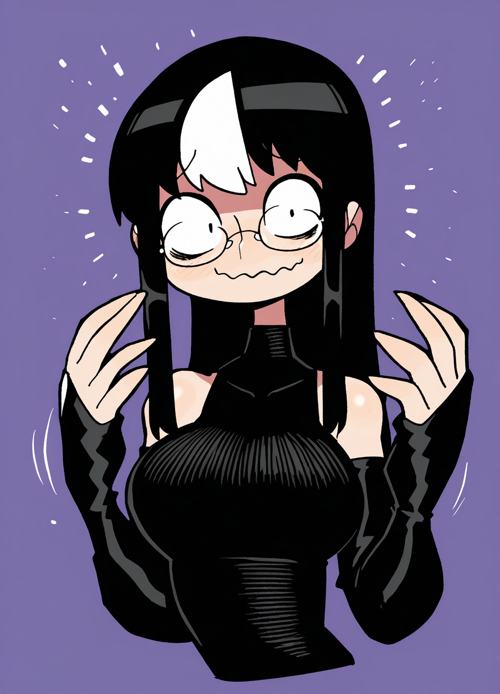 <lora:rariatooILLUS:1> rariatoo,
(masterpiece), (best quality), (ultra-detailed), amazing quality, very aesthetic, illustration, perfect composition, intricate details, absurdres, incredibly absurdres, shiny skin, realistic,
dynamic pose, perspective, rariatoo, 1girl, large breasts, streaked hair, multicolored hair, wavy mouth, black hair, glasses, sanpaku, purple background, black dress, long hair, jaggy lines, looking at viewer, white hair, gloves, upper body, detached sleeves, closed mouth, hands up, bare shoulders, smile